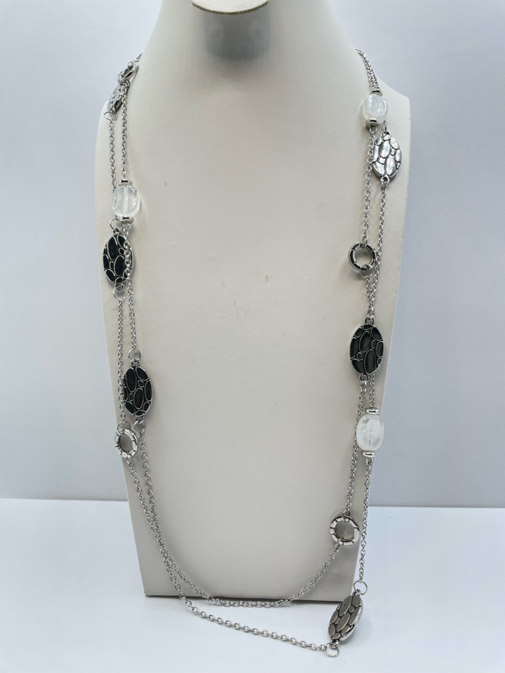 Silver Tone Layered Chain Glass Bead Necklace Long Station Style New